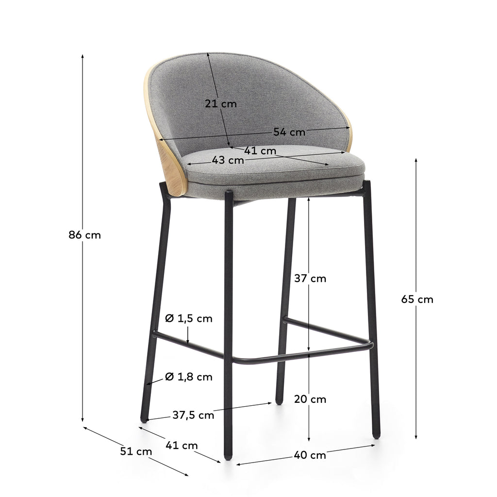 Tabouret Eamy en tissu chenille gris clair placage de frêne naturel et métal noir hauteur 65 cm