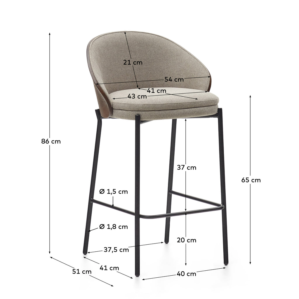 Tabouret Eamy en chenille marron clair avec placage de frêne finition noyer et métal noir 65 cm