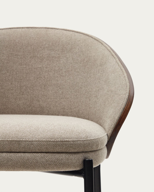 Tabouret Eamy en chenille marron clair avec placage de frêne finition noyer et métal noir 65 cm