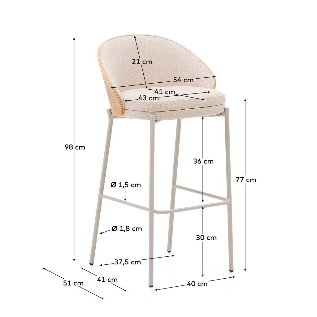 Tabouret Eamy en chenille beige, placage de frêne, finition naturelle et métal beige hauteur 77 cm