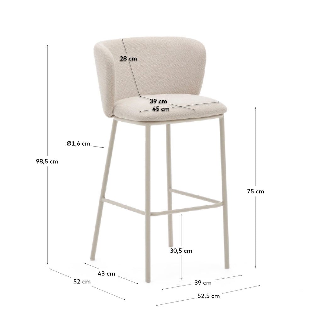 Tabouret Ciselia en tissu chenille beige et et acier beige hauteur 75 cm FSC Mix Credit