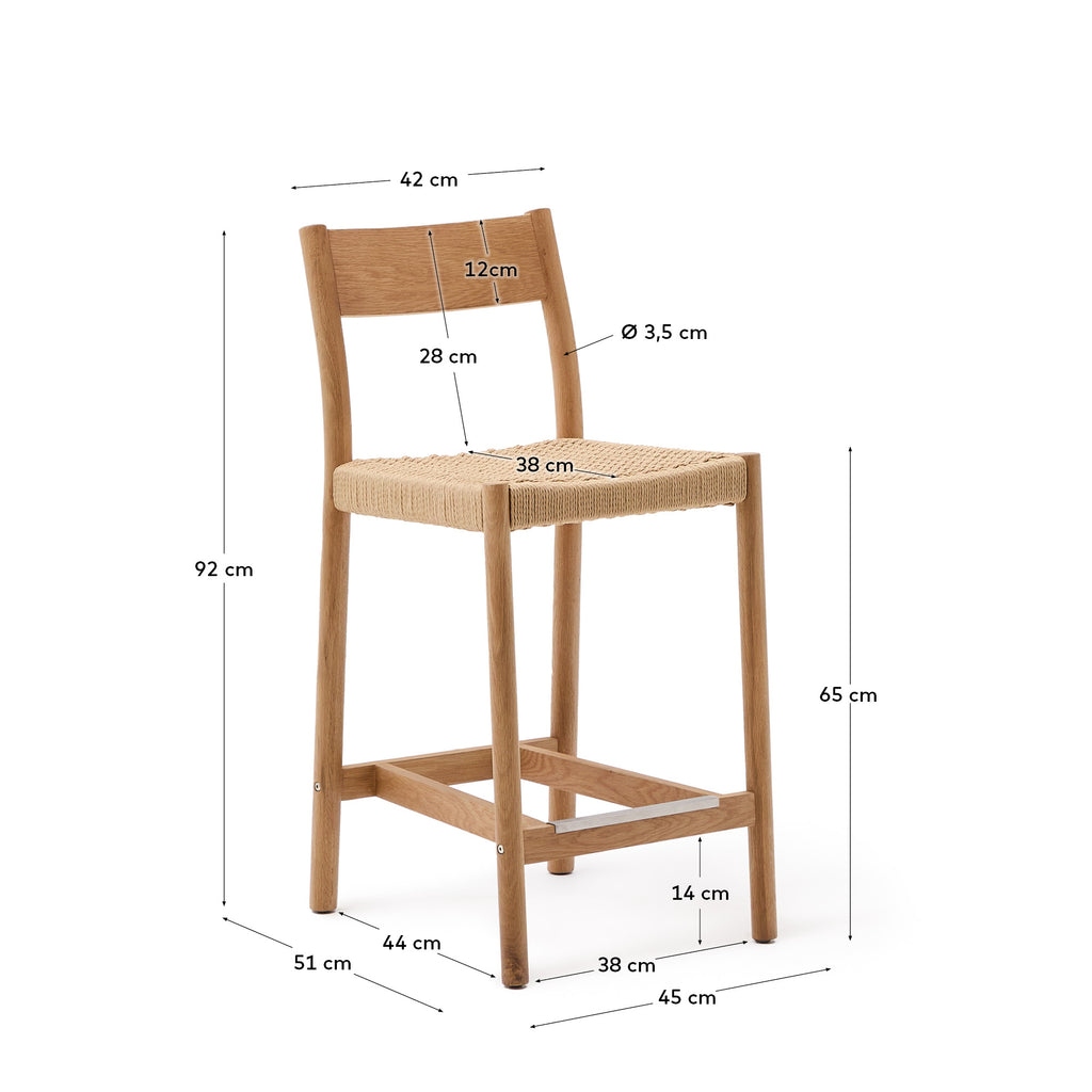 Tabouret Yalia avec dossier en bois de chêne massif, finition naturelle, et assise en corde, 65 cm, FSC Mix Credit
