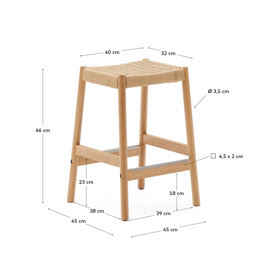 Tabouret Yalia en bois de chêne massif avec finition naturelle et assise en corde, hauteur 65 cm, FSC Mix Credit