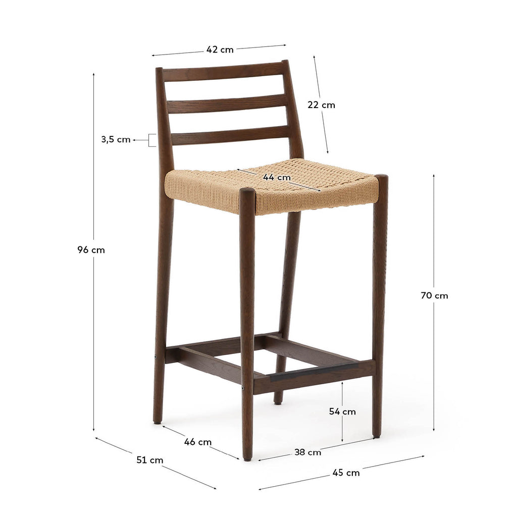 Tabouret Analy dossier en bois de chêne finition noyer et assise en corde 70 cm FSC 100 %
