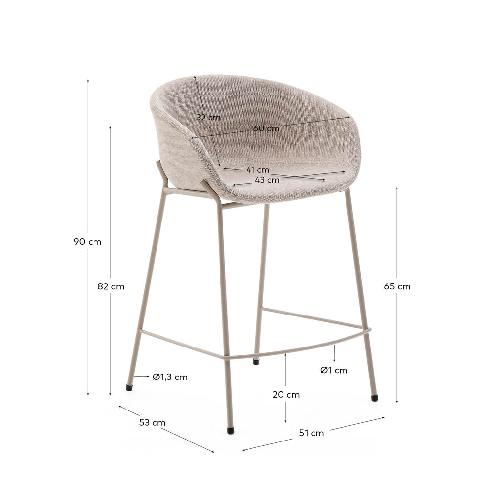 Tabouret Yvette en tissu chenille beige et pieds en acier finition beige hauteur 65 cm
