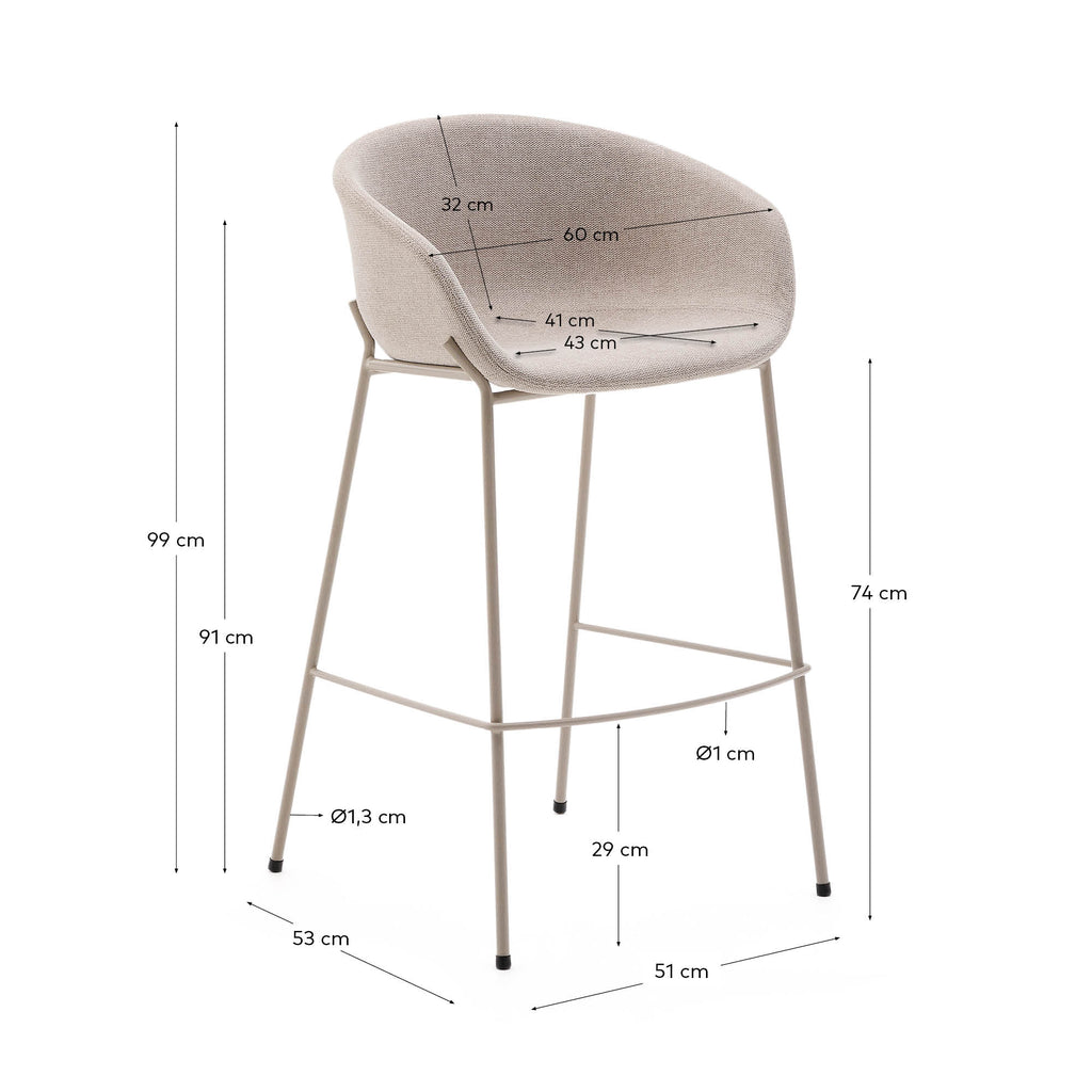 Tabouret Yvette en tissu chenille beige et pieds en acier finition beige hauteur 75 cm