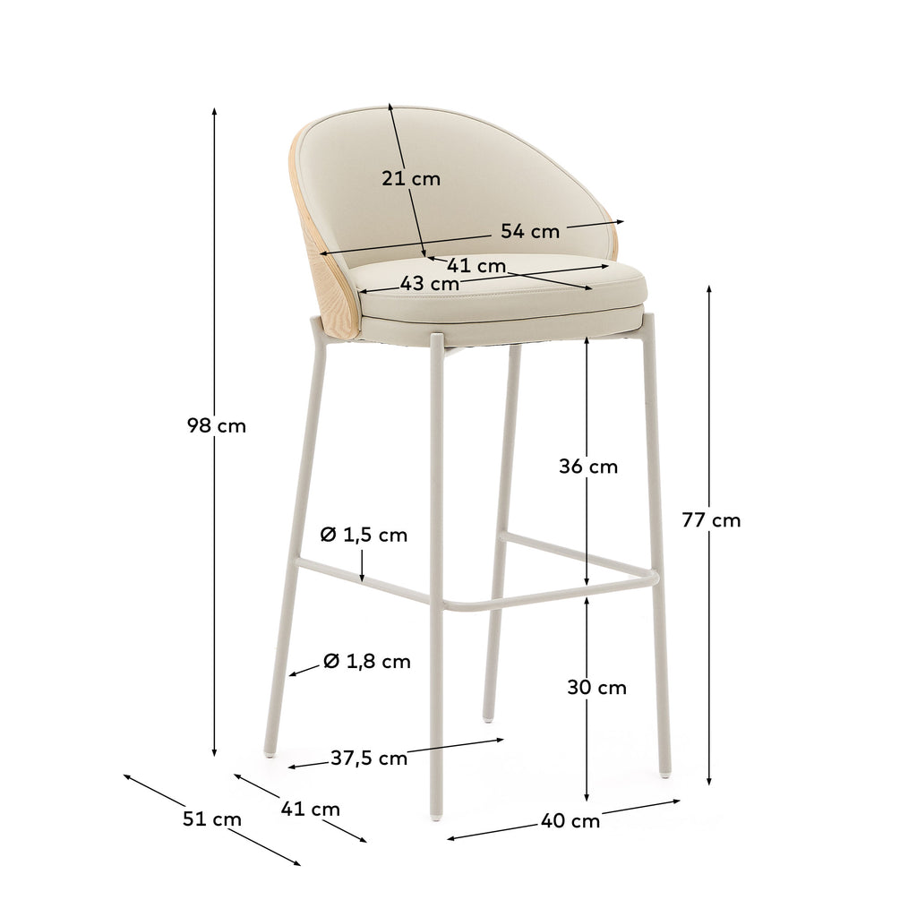 Tabouret Eamy en polyuréthane beige, placage de frêne finition naturelle et métal beige 77 cm