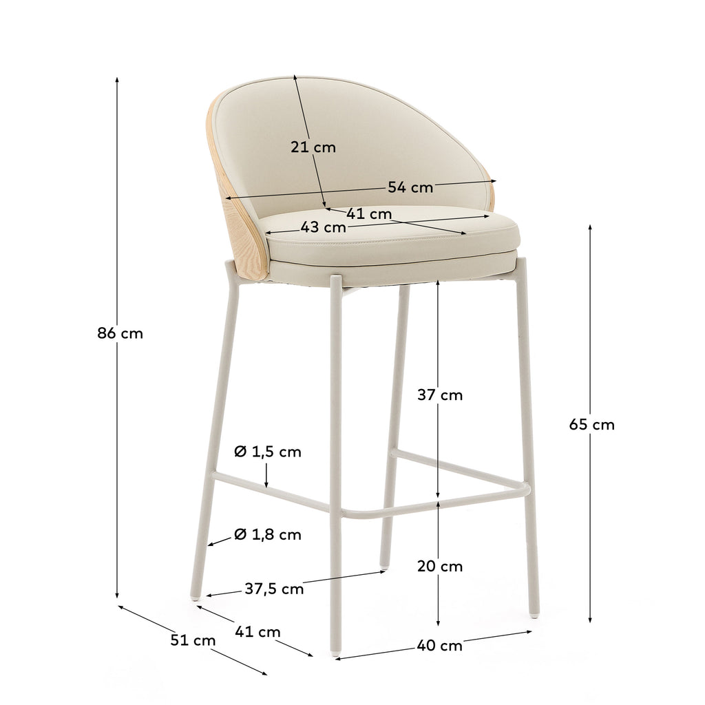 Tabouret Eamy en polyuréthane beige, placage de frêne finition naturelle et métal beige 65 cm