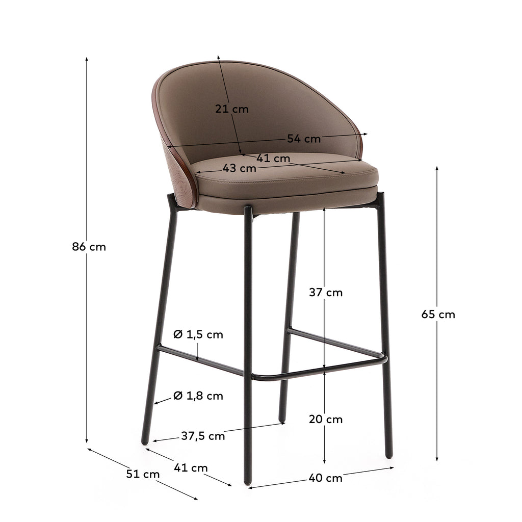 Tabouret Eamy en polyuréthane marron, placage de frêne finition noyer et métal noir 65 cm
