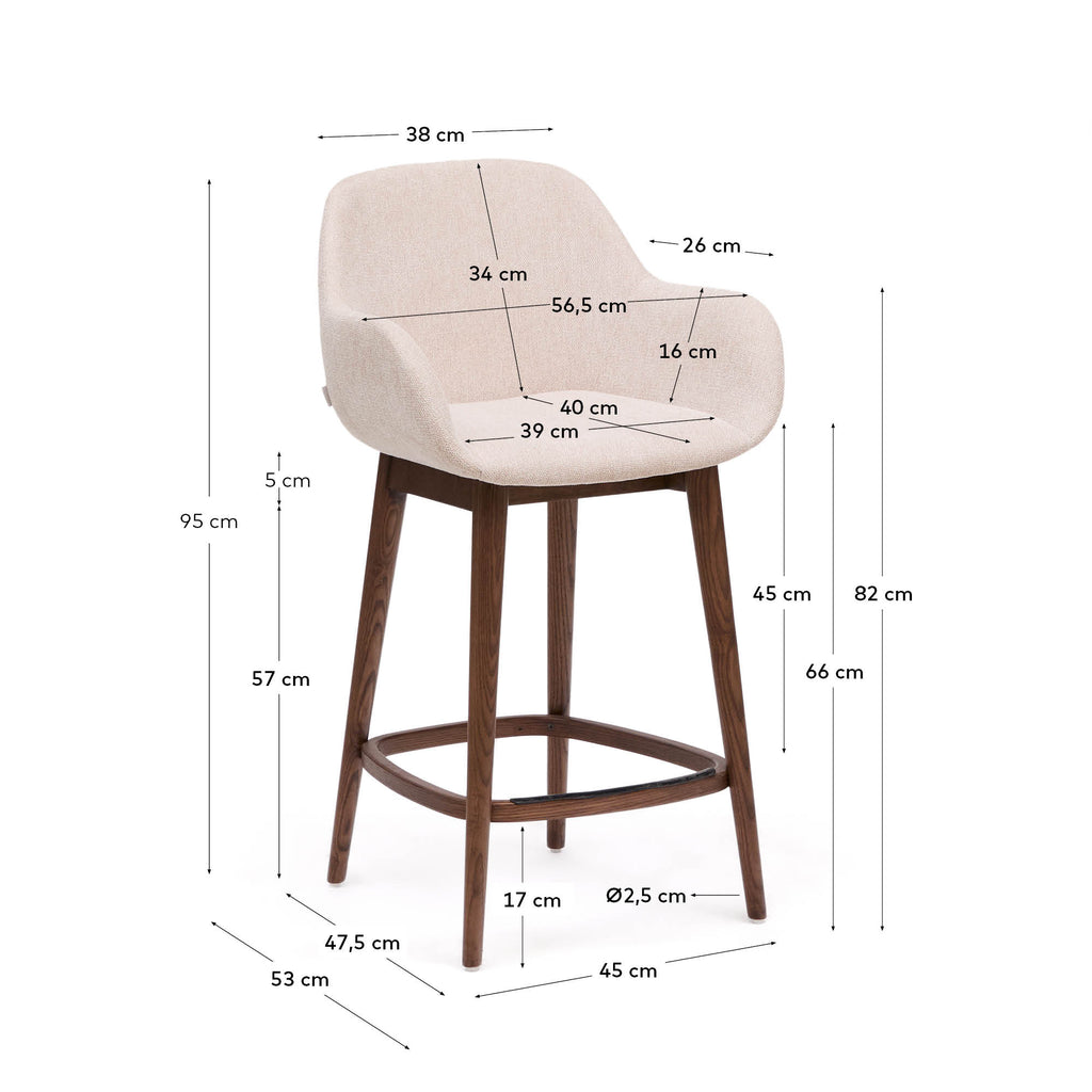 Tabouret Konna beige et pieds en bois de frêne finition foncée 65 cm