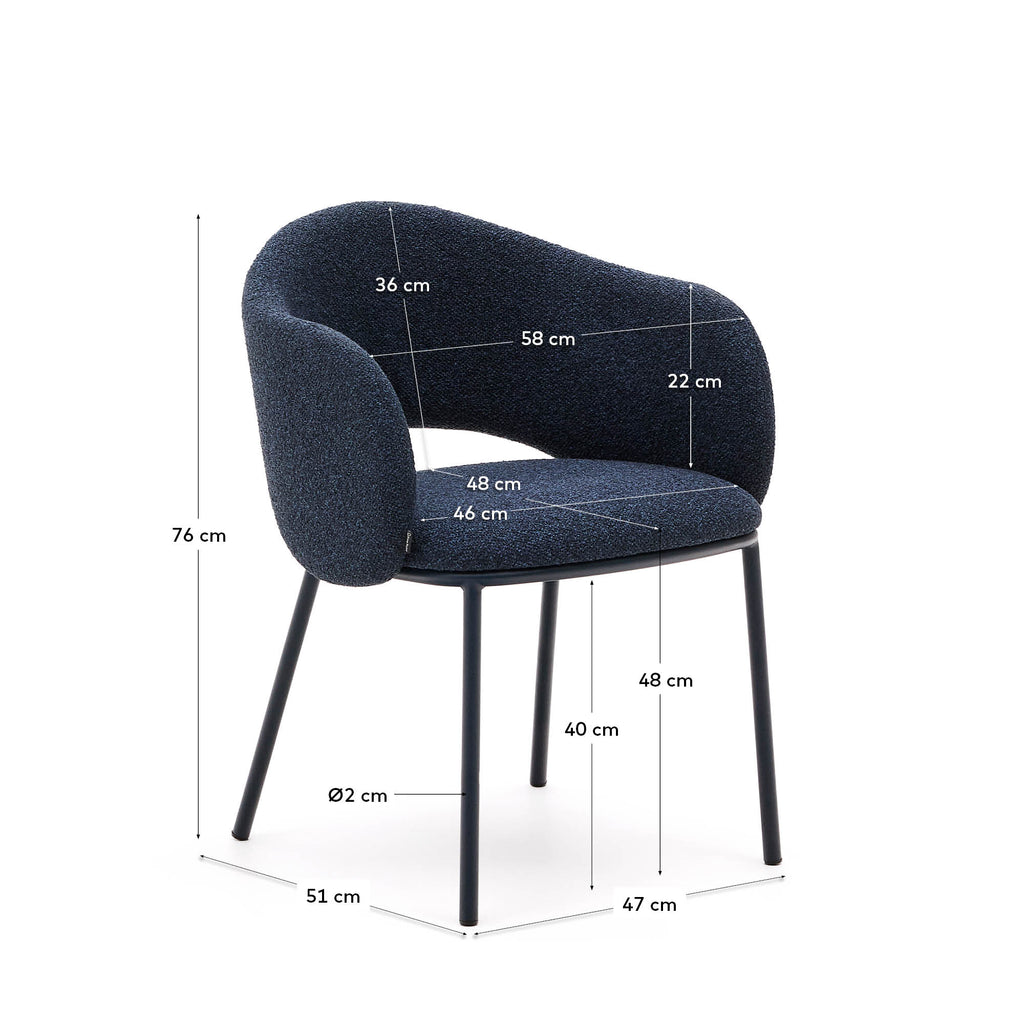 Chaise Maina en chenille épaisse bleue et pieds en acier finition bleue FSC Mix Credit