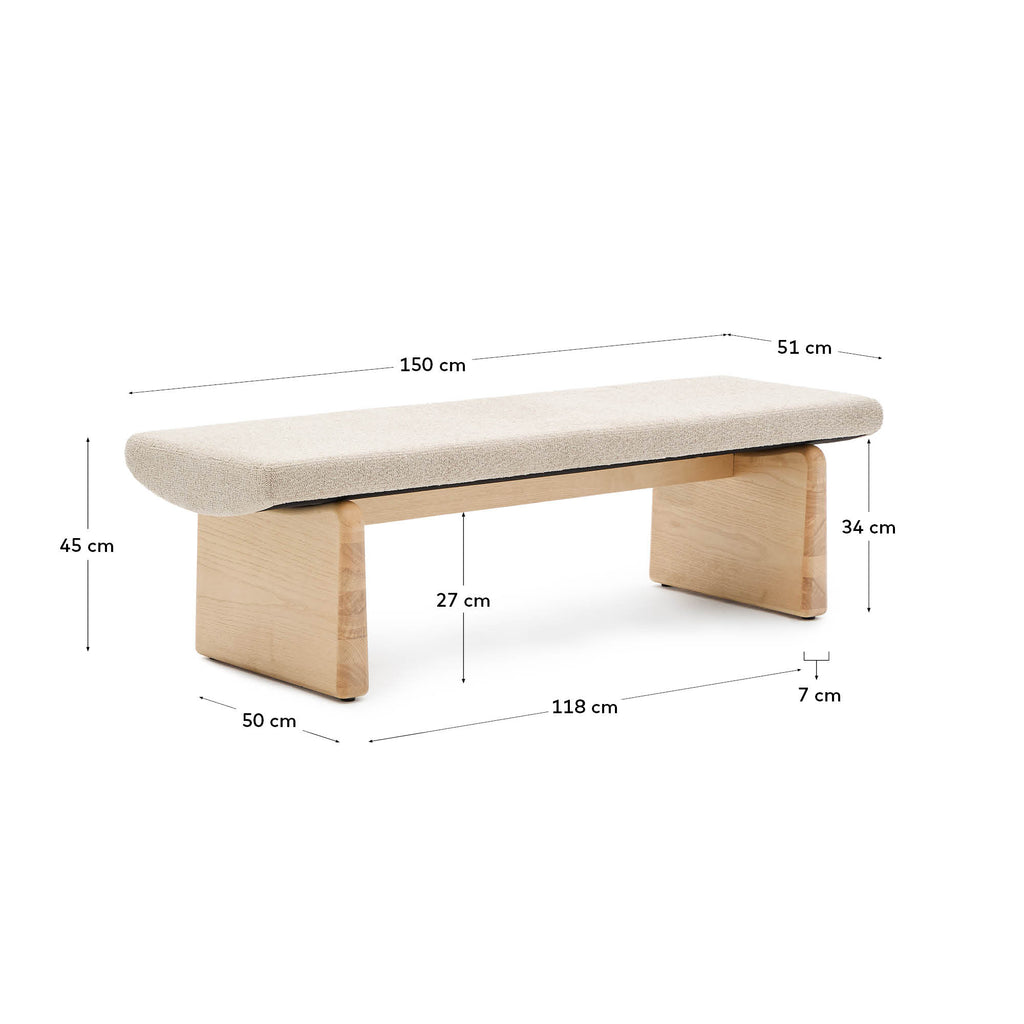 Banc Topaz tissu chenille beige et bois de frêne finition naturelle 150 cm FSC 100 %