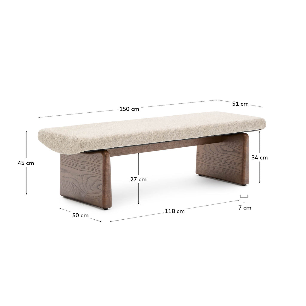 Banc Topaz tissu chenille beige et bois de frêne finition noyer 150 cm FSC 100 %