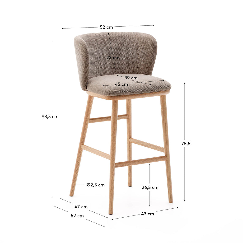 Tabouret Ciselia chenille marron et bois de frêne finition ton naturel FSC Mix Credit 75 cm