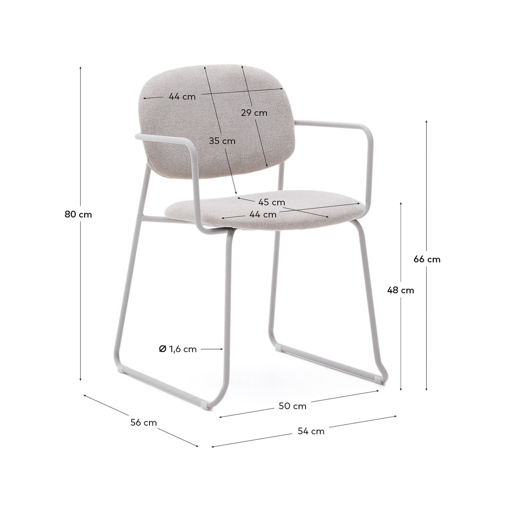 Chaise Meli avec accoudoirs en chenille beige et structure métallique beige FSC Mix Credit