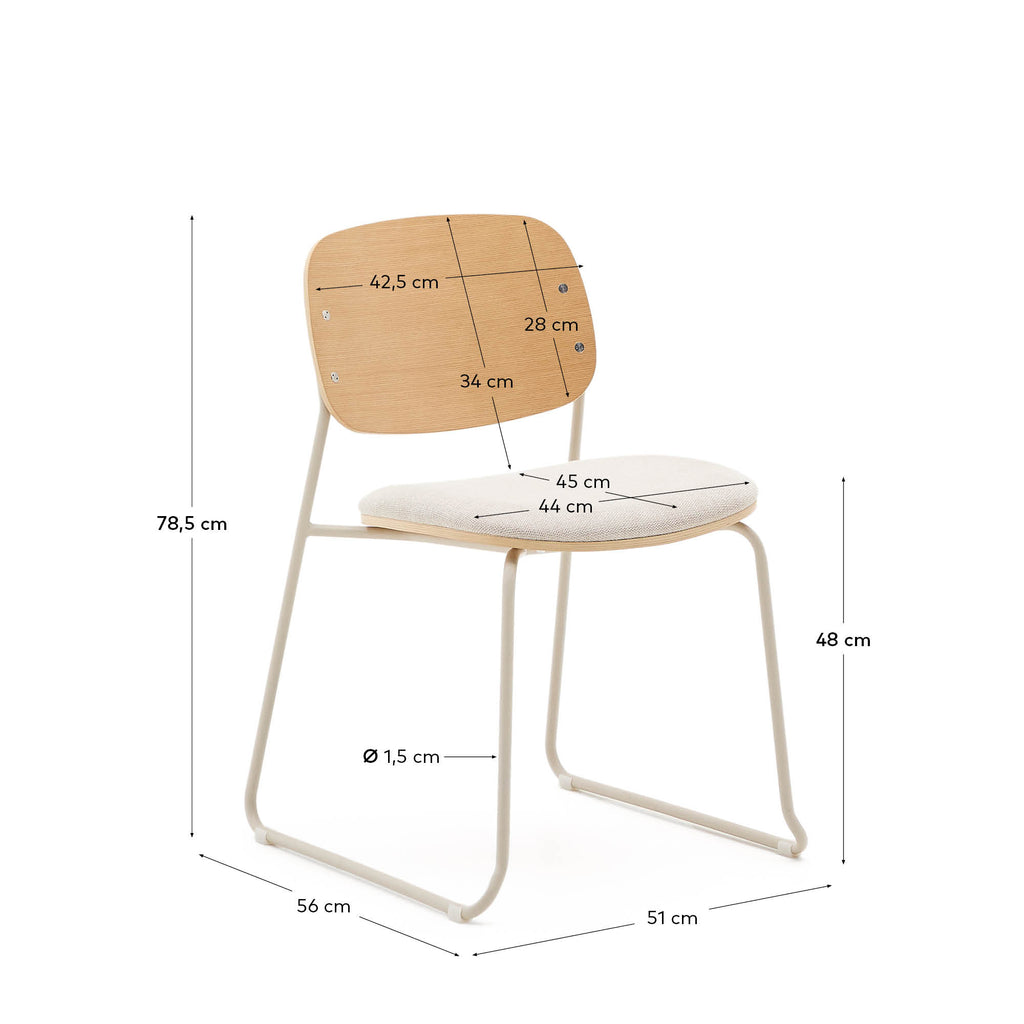 Chaise empilable Meli en contreplaqué de peuplier avec assise en chenille beige et pieds en métal beige FSC Mix Credit