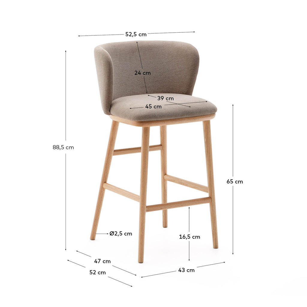 Tabouret Ciselia chenille marron et bois de frêne finition ton naturel FSC Mix Credit 65 cm