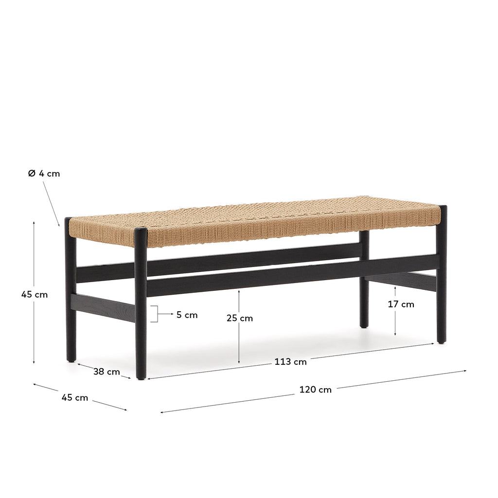 Banc Zaide en bois de chêne massif avec finition noire et assise en corde, 120 cm, FSC Mix Credit