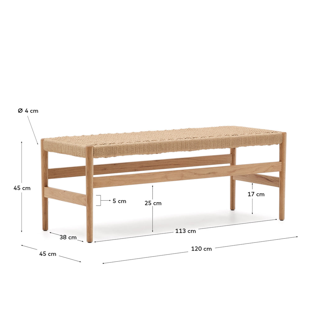 Banc Zaide en bois de chêne massif avec finition naturelle et assise en corde, 120 cm, FSC Mix Credit