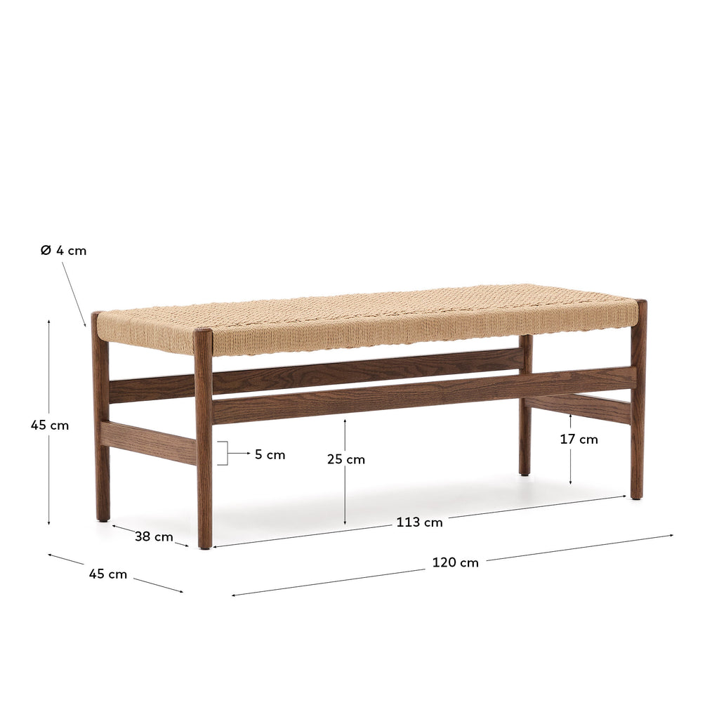 Banc Zaide en bois de chêne massif avec finition noyer et assise en corde, 120 cm, FSC Mix Credit