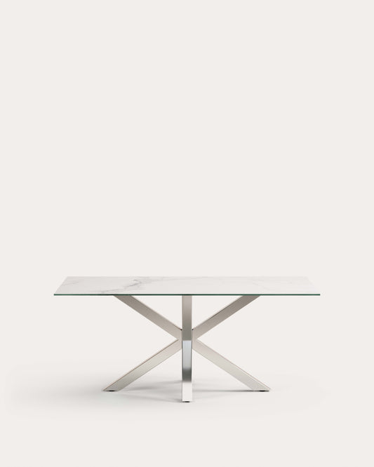 Table Argo en grès cérame Kalos finition blanche et pieds en acier inoxydable 180 x 100 cm