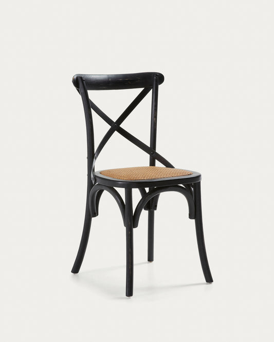 Chaise Alsie en bois de bouleau laqué noir et assise en rotin