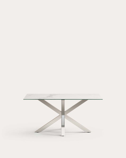 Table Argo en grès cérame Kalos finition blanche et pieds en acier inoxydable 160 x 90 cm