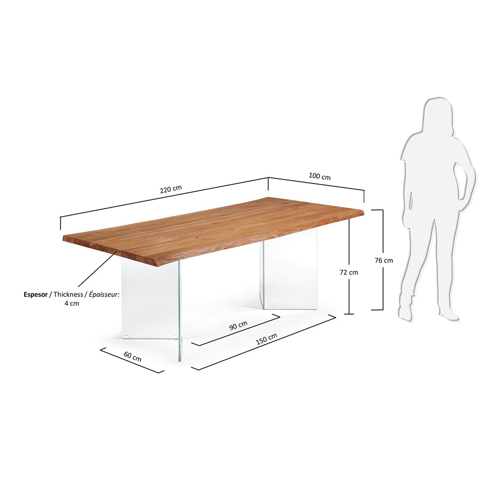 Table Lotty en placage de chêne finition naturelle et pieds en verre 220 x 100 cm