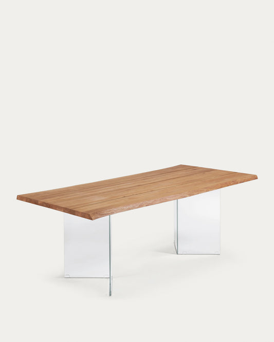 Table Lotty en placage de chêne finition naturelle et pieds en verre 220 x 100 cm