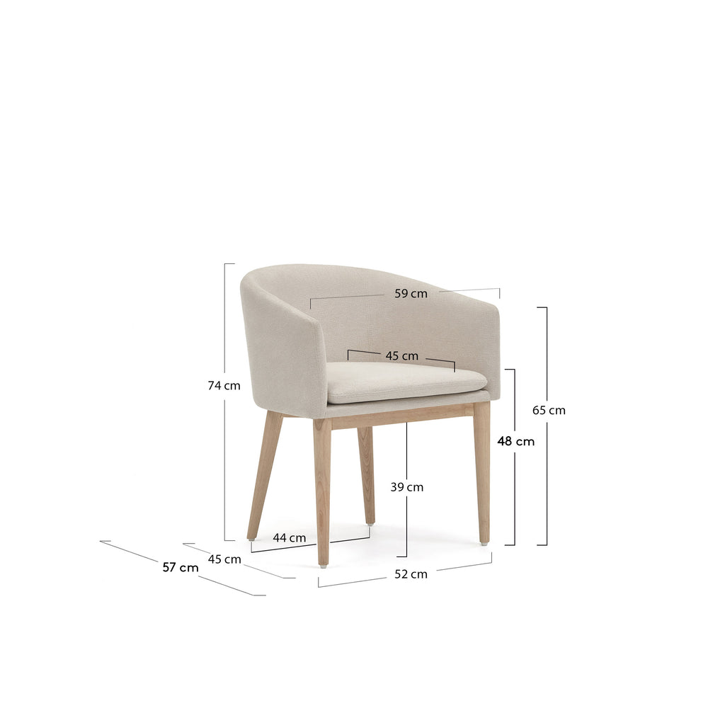 Chaise Harlan en chenille beige et pieds en bois de frêne