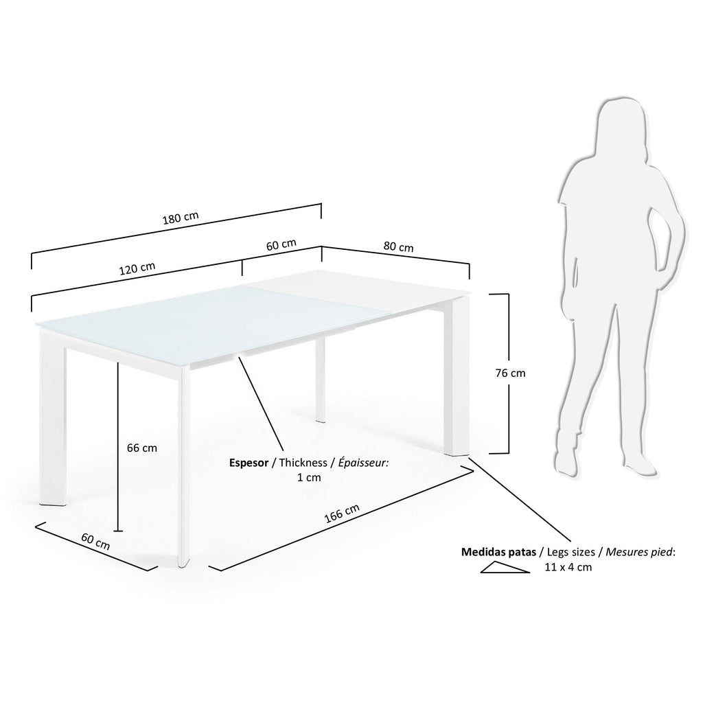 Table extensible Axis en verre blanc et pieds en acier finition blanche 120 (180) cm