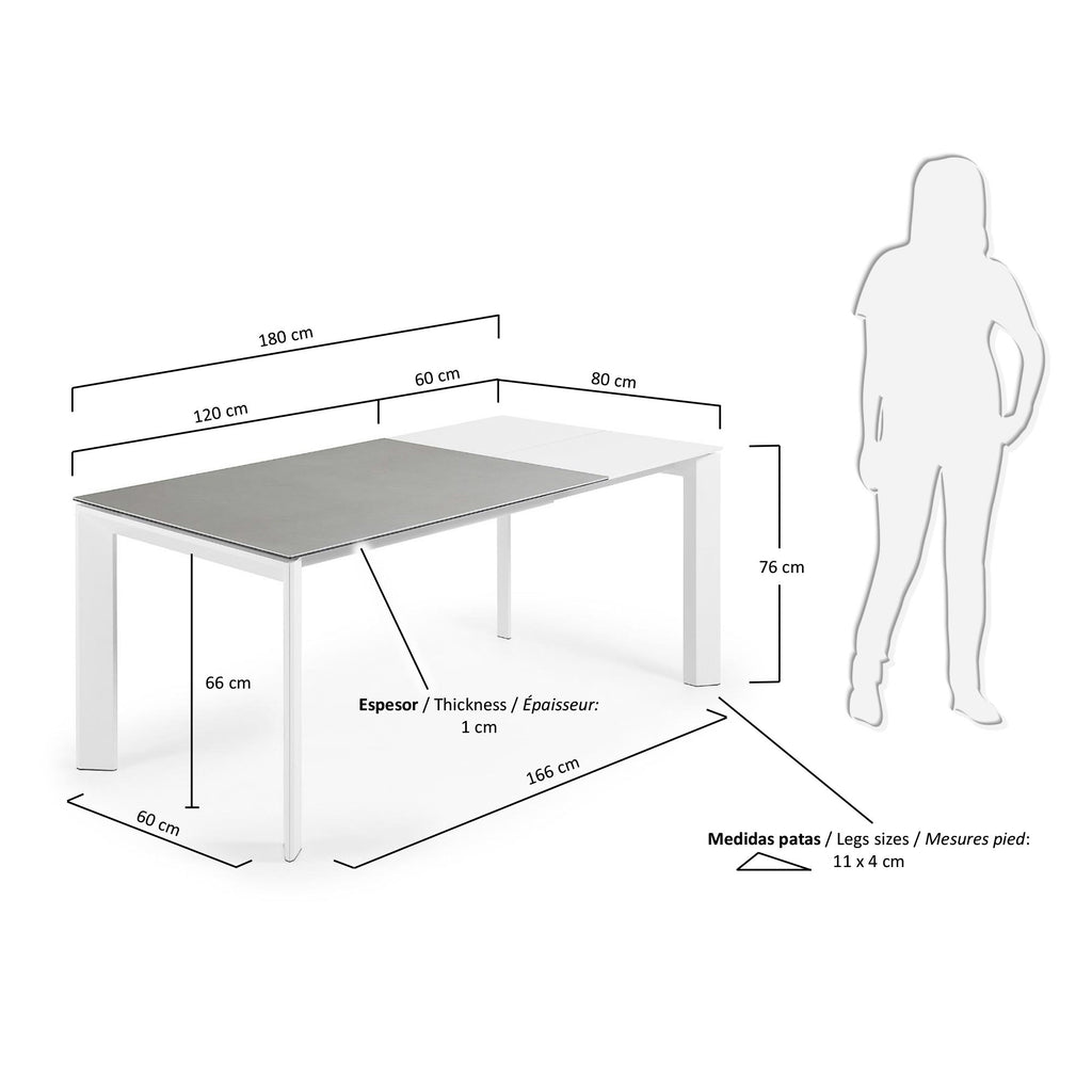 Table extensible Axis grès cérame finition Hydra Plomb et pieds en acier blanc 120(180)cm