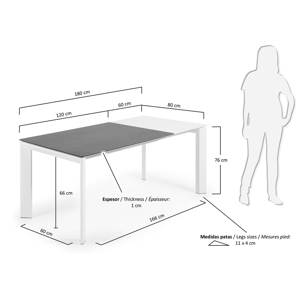 Table extensible Axis grès cérame finition Vulcano Roca et pieds acier blanc 120 (180) cm