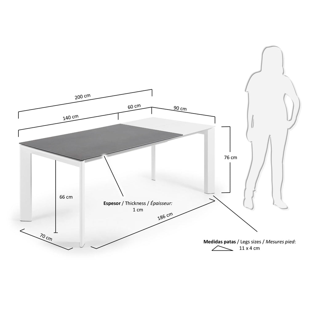 Table extensible Axis grès cérame finition Vulcano Roca et pieds acier blanc 140 (200) cm