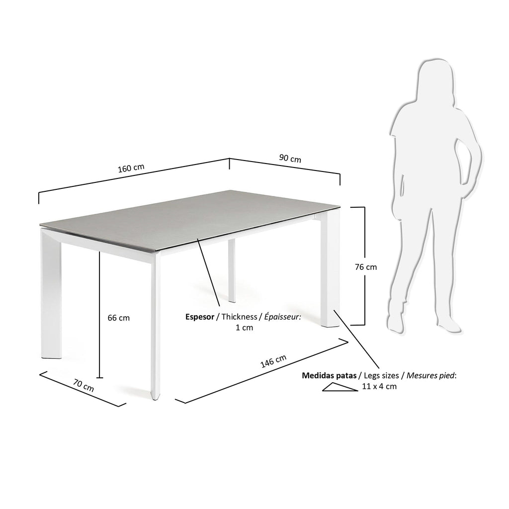 Table extensible Axis grès cérame finition Hydra Plomo pieds blancs 160 (220) cm