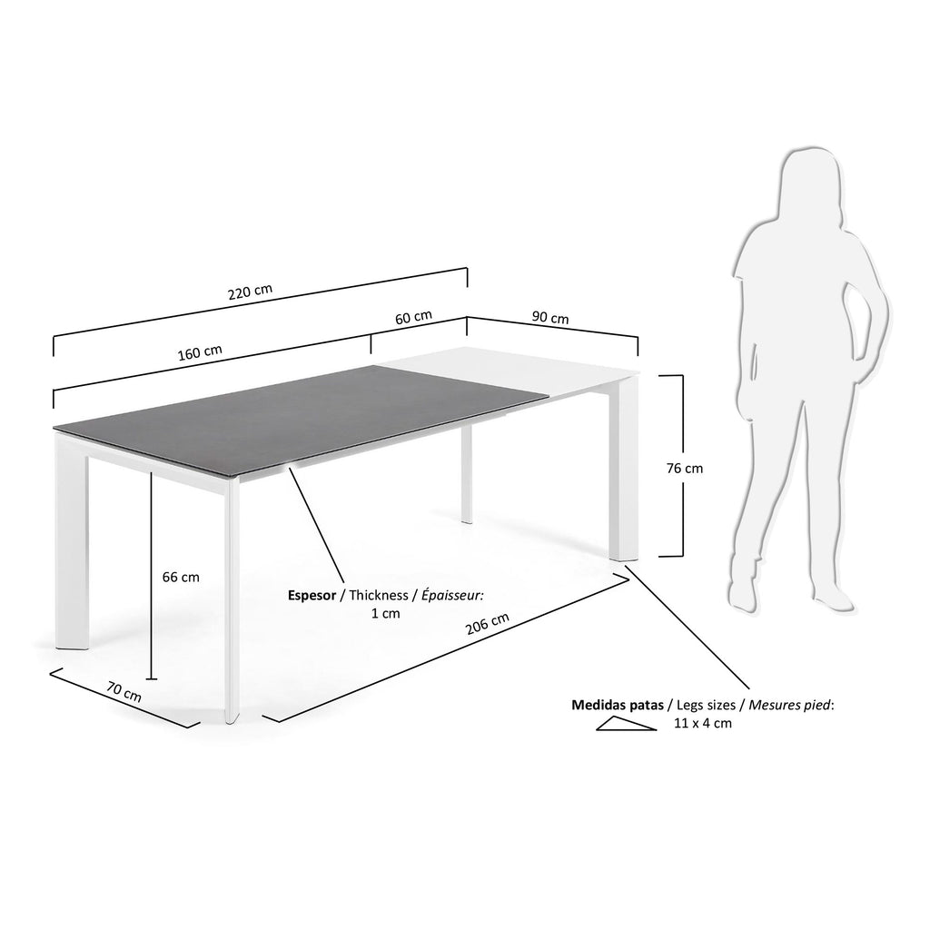 Table extensible Axis grès cérame finition Vulcano Roca pieds blancs 160 (220) cm