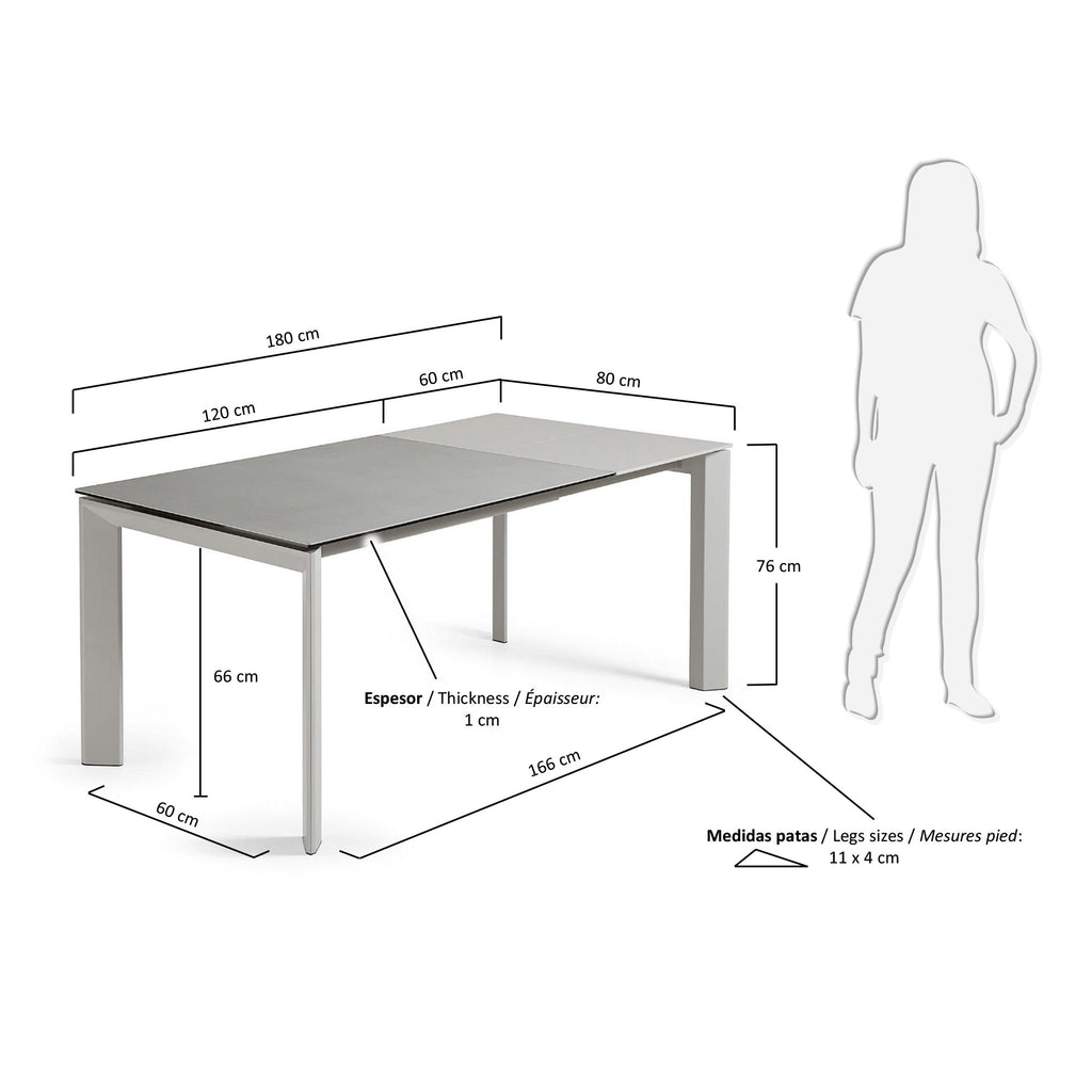 Table extensible Axis grès cérame finition Hydra Plomb et pieds en acier gris 120 (180) cm