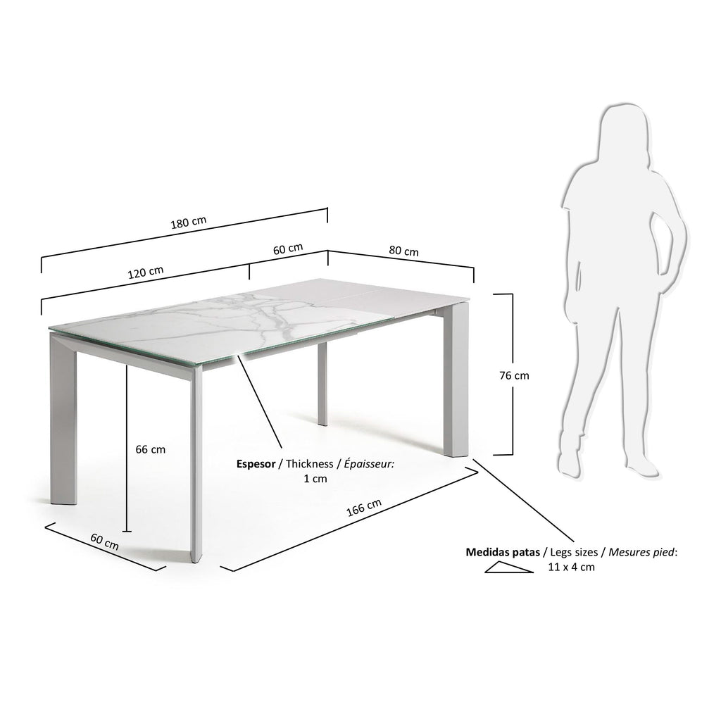 Table extensible Axis grès cérame finition Kalos blanche pieds blancs 120 (180) cm