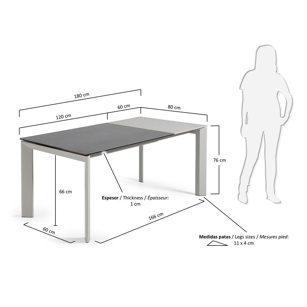 Table extensible Axis grès cérame finition Vulcano Roca et pieds acier gris 120 (180) cm