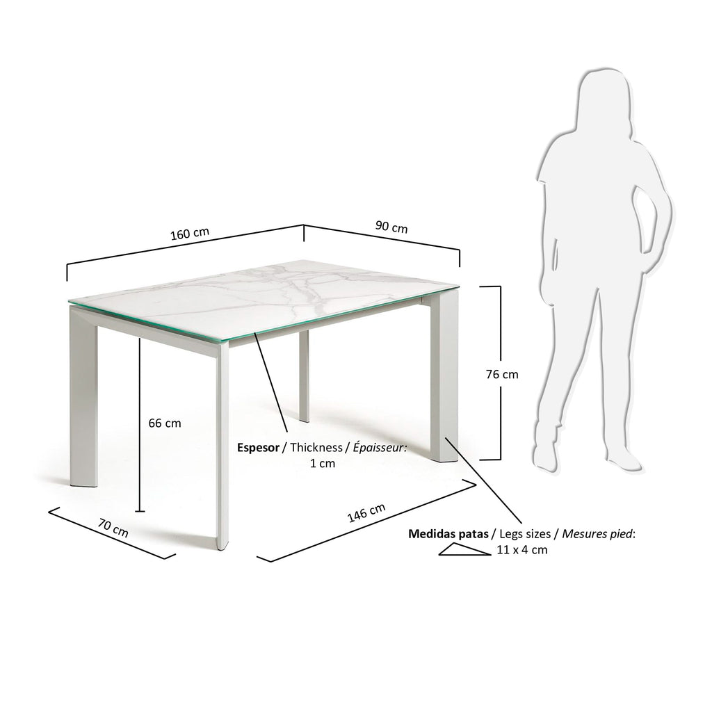 Table extensible Axis grès cérame finition Kalos blanche pieds gris 160 (220) cm