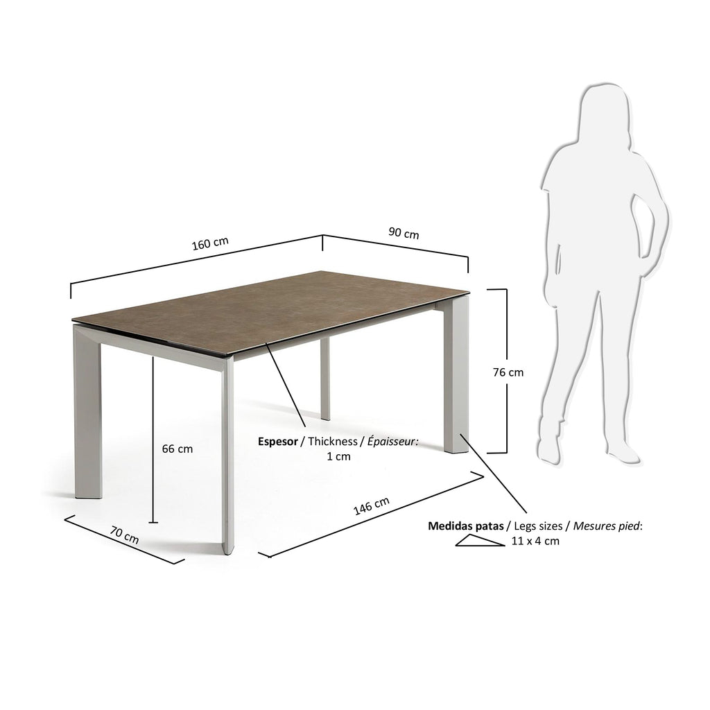 Table extensible Axis grès cérame finition Vulcano Cendrée et pieds acier gris 160(220)cm