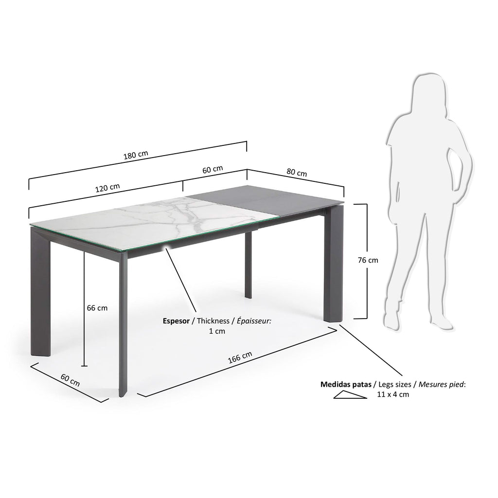 Table extensible Axis grès cérame finition Kalos blanche pieds gris foncé 120 (180) cm