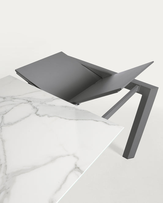 Table extensible Axis grès cérame finition Kalos blanche pieds gris foncé 120 (180) cm