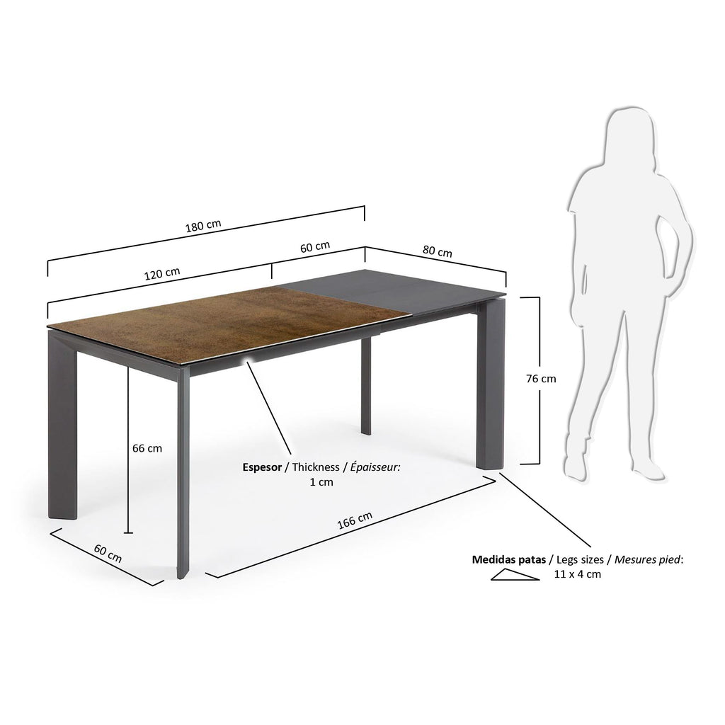 Table extensible Axis grès cérame finition Iron Corten pieds gris foncé 120 (180) cm