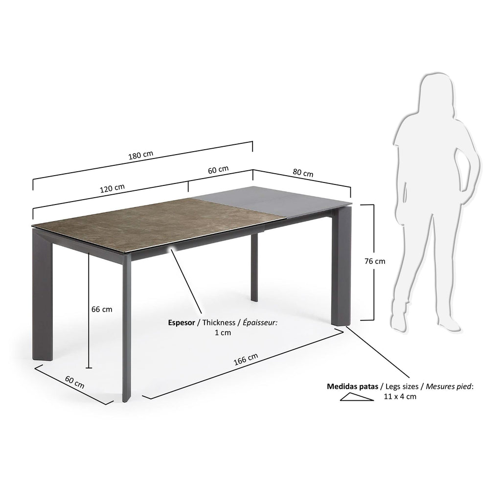 Table extensible Axis grès cérame finition Vulcano Cendrée pieds acier gris 120(180)cm