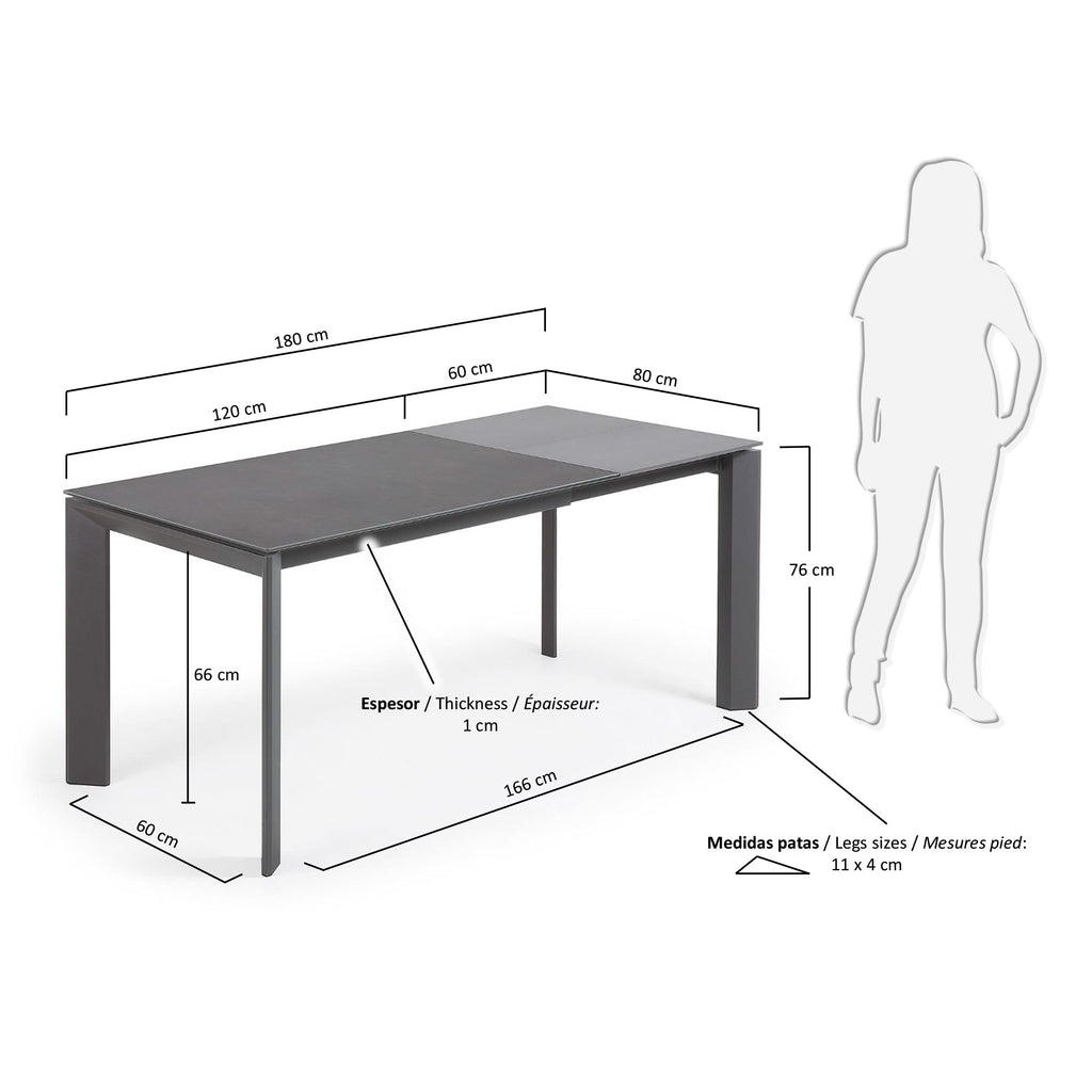 Table extensible Axis grès cérame finition Vulcano Roca pieds acier gris foncé 120 (180)cm