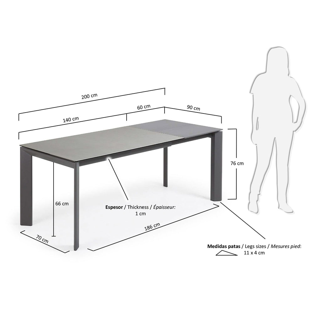 Table extensible Axis grès cérame finition Hydra Plomo pieds acier anthracite 140(200)cm