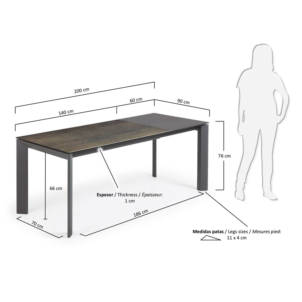 Table extensible Axis grès cérame finition Iron Moss pieds en acier gris foncé 140 (200)cm