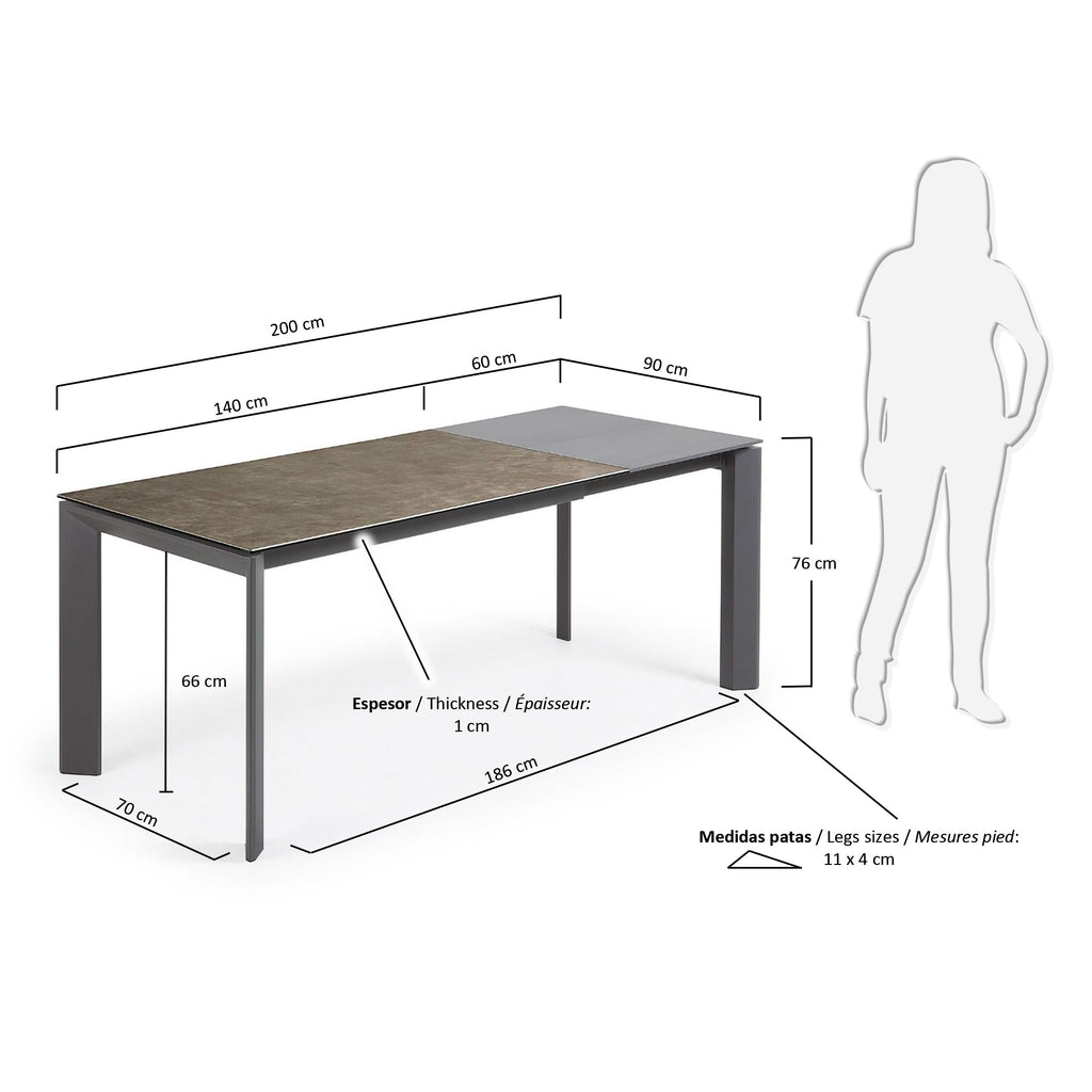 Table extensible Axis grès cérame Vulcano Cendrée et pieds acier anthracite 140(200)cm