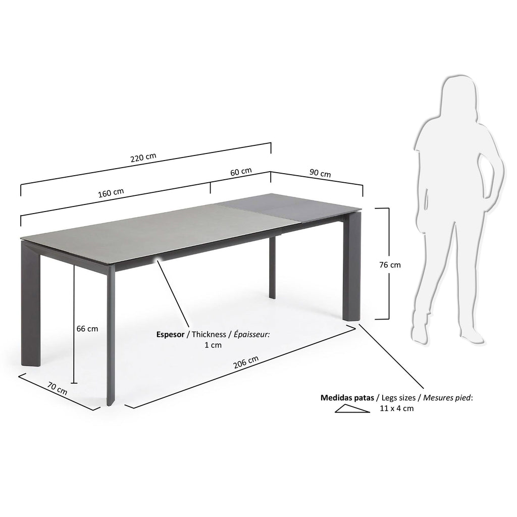Table extensible Axis grès cérame finition Hydra Plomo pieds anthracite 160 (220) cm